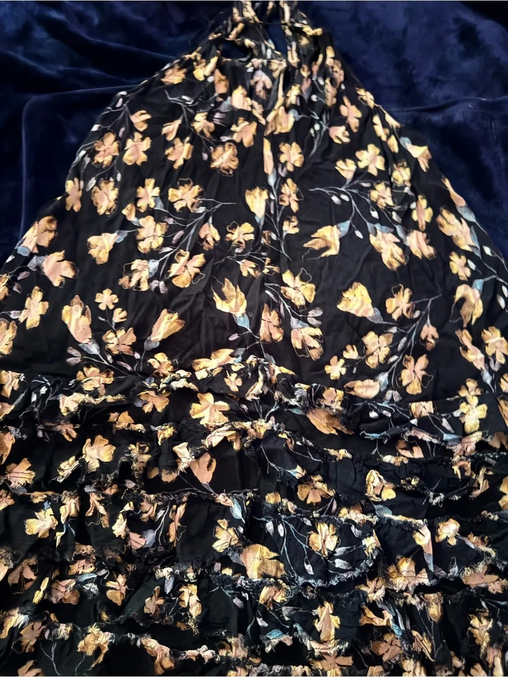 Intimately by Free People black and yellow floral raw-ruffle halter dress
